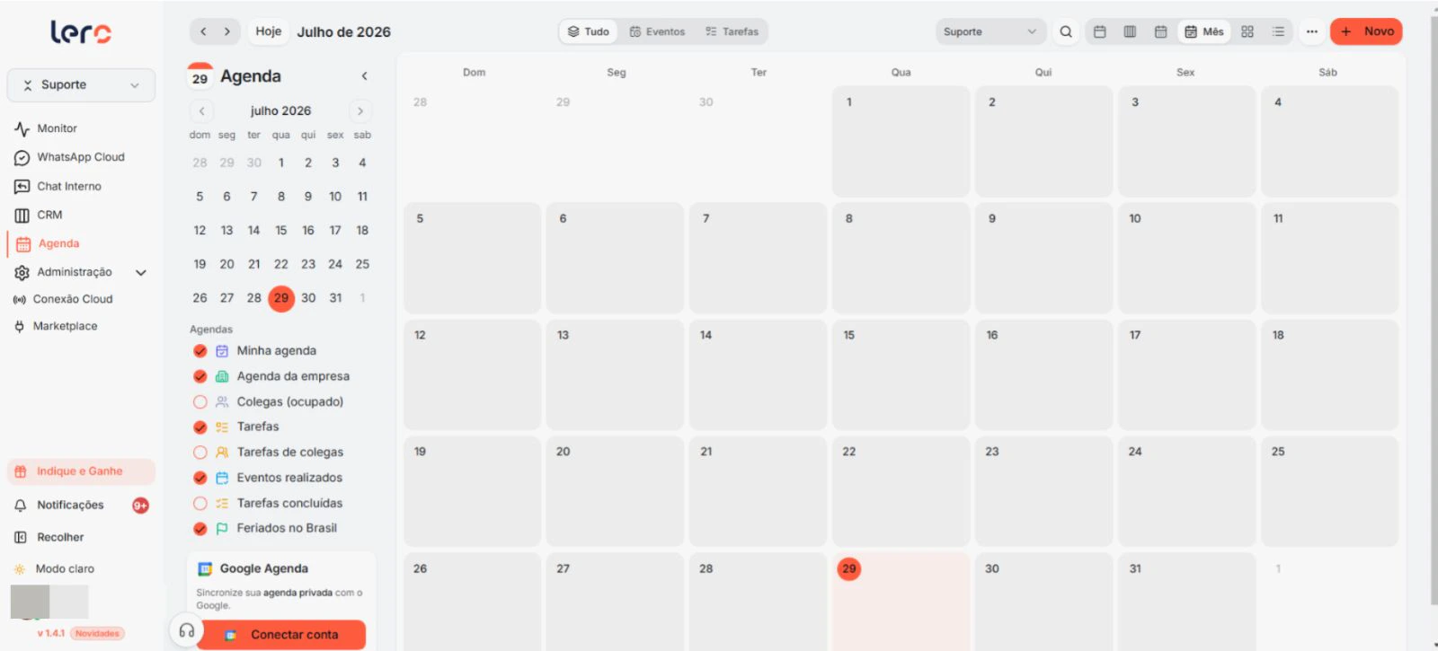Calendário da Lero em visão de mês, com a lista de fontes de agenda na lateral