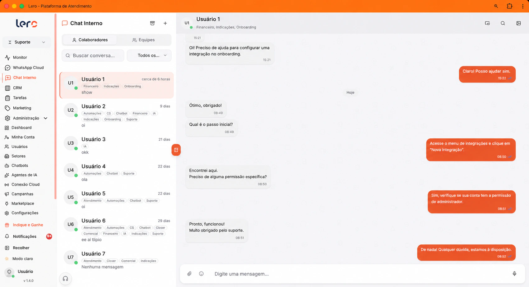 Tela do Chat Interno da Lero com a lista de conversas e uma conversa aberta