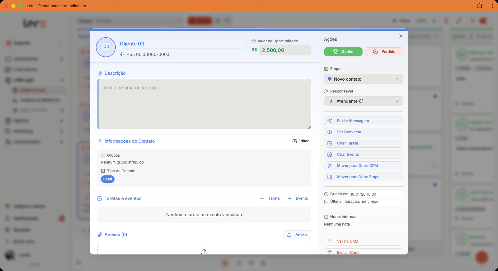 Modal do cartão do CRM Light da Lero com os dados da oportunidade à esquerda e o painel de ações à direita