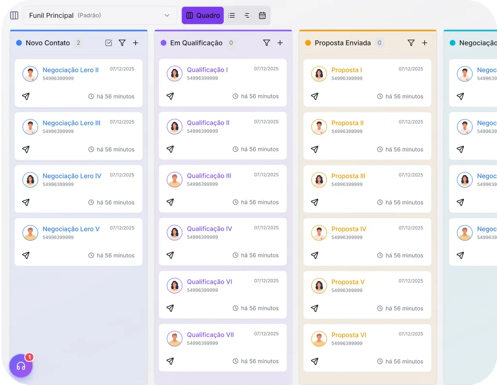 Plataforma Lero com o funil de vendas em visualização kanban
